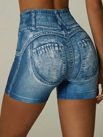 UONNOU 1件装女士无缝牛仔印花高腰瑜伽短裤，收腰提臀，适合瑜伽、跑步、健身、休闲穿着