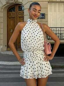 New European And American Style Fashion Halter Backless A-Line Polka Dot Print Tie Waist Dress White Wedding Party - White - View 10