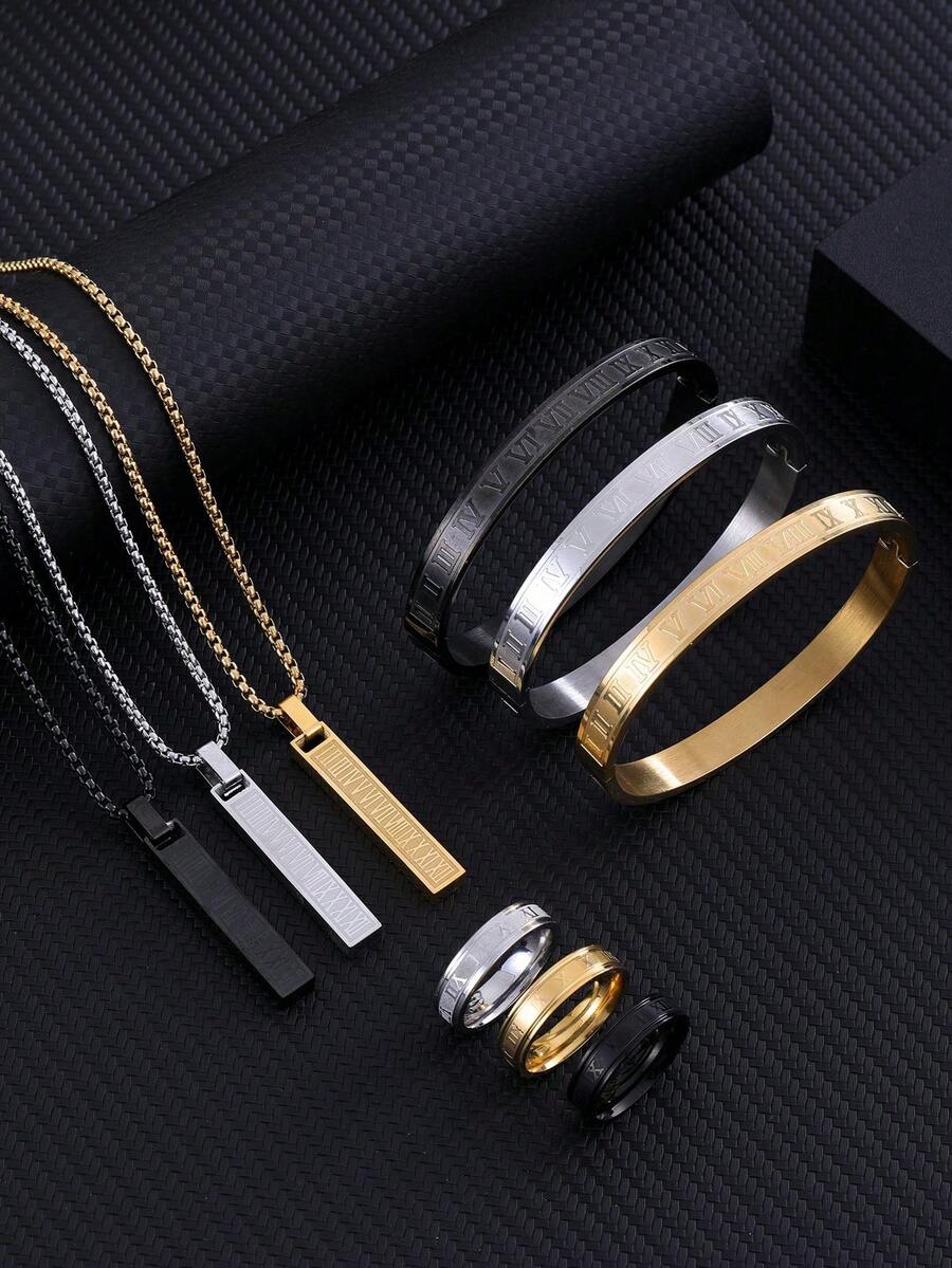 Bộ 3 món gồm vòng tay, nhẫn và dây chuyền bằng thép không gỉ, khắc số La Mã, thích hợp cho nam giới đeo hàng ngày. - Nhiều màu - Xem 1