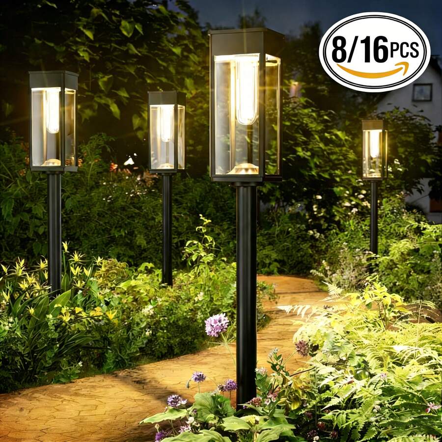 4/8/16PCS Solar Pathway Lights Featuring A Square Design, These LED Garden Lights Are Made Of Plastic For Outdoor Use. They Serve As Solar-Powered Lawn Lamps With Ground Stakes Suitable For Walkways, Patios - Outdoor Solar Street Lamps - 查看 1