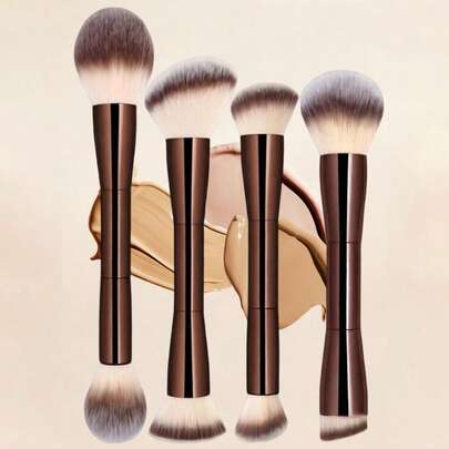 Double-Ended Makeup Brush Set - Foundation, Powder, Blush & Highlighter - Soft Synthetic Hair, Aluminum Handle, Travel-Friendly, Professional Grade For All Skin Types.