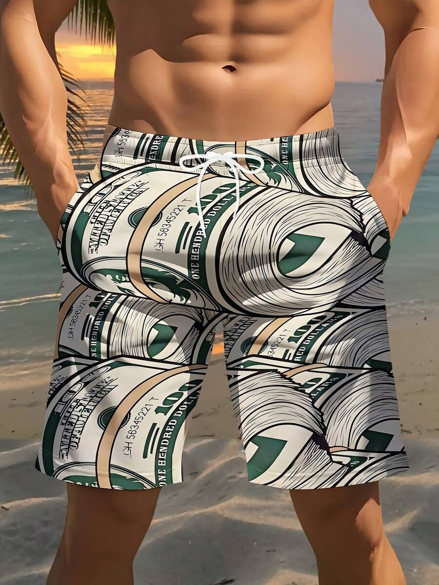 Men'S Swim Trunks Featuring A 3D Money Design - Lightweight With A Drawstring Waist, Perfect For Casual Summer Outings Like Golf And Fishing, Plus Size - 彩色 - 查看 1