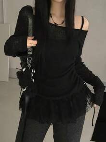 甜美蕾丝拼接露肩长袖T恤，夏季独特修身抽绳背心两件套休闲黑色 - 黑色 - 查看 8