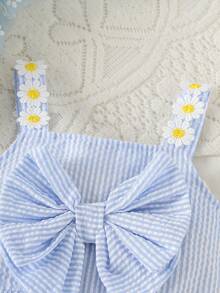 女婴蓝白条纹雏菊连体衣，蝴蝶结肩带女婴吊带背心，夏季日常穿着 - 藍色 - 查看 3