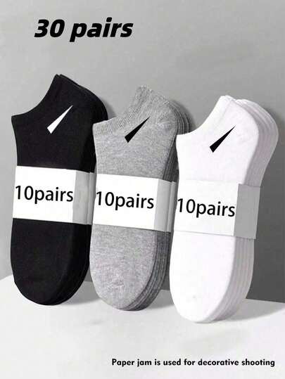 30 pares de calcetines deportivos, de unicolor negro/blanco/gris, de estilo simple y de moda, adecuados para uso diario casual, disponibles en 2 pares/10 pares/18 pares/20 pares/30 pares/40 pares/60 pares (Nota: 2 pares = 1 set)