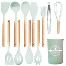 Wooden Handle Silicone Cooking Utensils, Spatula Spoon Tools, Heat Resistant Food Tongs Mixer Accessories, Kitchen Tools - Multicolor - View 5