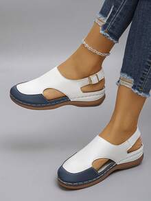 Cross-Border Oversized US Size 5-11 Summer Fashion Casual White & Brown Color Block Platform Slide Sandals, Metal Buckle Decor, Lightweight & Comfortable Wedge Heel Sandals For Women - 特級白色拼特級藍色PU - 查看 4