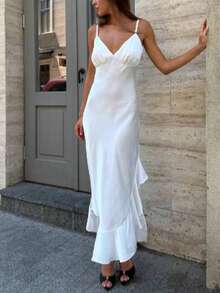QUNGIGU Women's Elegant White Satin V-Neck Asymmetric Ruffle Hem Maxi Dress, Suitable For Pre-Wedding Parties And Formal Dinners - White - View 5