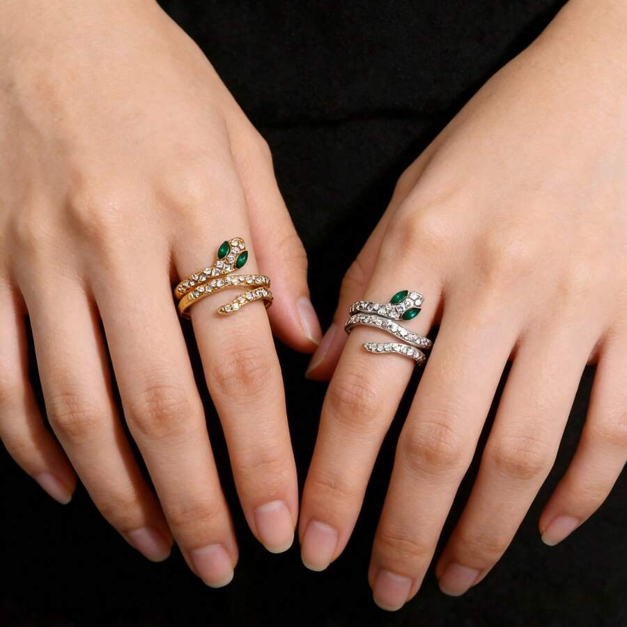 1 chiếc nhẫn xoắn điều chỉnh được hình rắn thanh lịch, đính kim cương lấp lánh, mắt xanh và thiết kế toàn bộ bằng kim cương, món trang sức hoàn hảo để đeo hàng ngày và trong dịp Halloween. - Nhiều màu - Xem 1