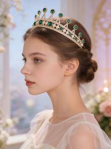 1pc European And American Bridal Bridesmaid Crown Headpiece, Alloy Crystal Tiara Hair Accessory For Evening Gown, Princess Style - Green - View 2