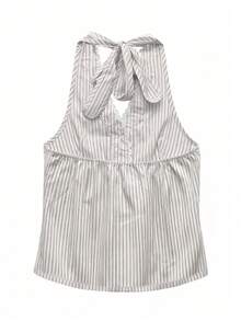 Áo hở lưng cổ yếm kẻ sọc viền ren, kiểu dáng thường ngày. - Xám - Xem 2