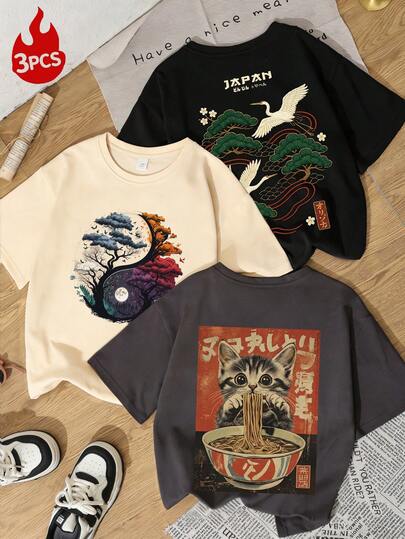 3pcs/Set Summer New Minimalist Crane, Pine Tree, Tai Chi Tree And Cat Eating Noodle Print Combination Casual Round Neck Short Sleeve T-Shirt, Fashionable And Versatile Women Tops