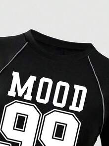 少女数字印花插肩短袖T恤和裤子休闲套装 - 黑色 - 查看 3