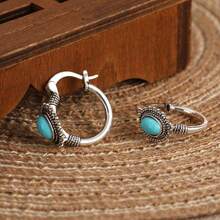 Round Mosaic Earrings, Paired With Minimalist Curved Blue Leaf Design, Niche Style, Ocean-Inspired Romantic Gift, Suitable For Daily Wear And Various Occasions, A Refined Surprise Gift For Women - Silver - View 3
