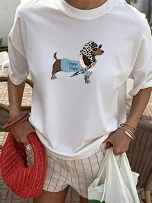 Sausage puppy，Ribbed Cotton Women's T-Shirt,College Style Spring Summer New Sports Women's,Draped Fashion Soft Breathable Women's Short Sleeve Top - 白色2 - 查看 2