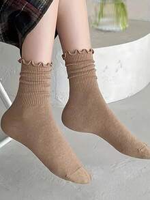 5 pares de calcetines de media caña con volantes de unicolor para mujer, primavera/verano - Blanco - Ver 6