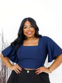 Plus Size Cropped Blouse With Batwing Sleeves. - azul real - Ver 1
