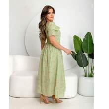 Evangelical Fashion Dress, Midi Skirt, Buttons, Embroidered Detail, Ruffle. - Green - View 4
