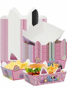 10件/20件/40件 卡通貓耳生日快樂紙製食物盒，粉色 4.7 x 3.1 x 1.5 英吋，彩虹糖粒貓耳蝴蝶結圖案，適用於洋芋片、Nachos、Tacos，生日派對、卡通主題派對、貓咪主題派對，派對裝飾 - 多色 - 查看 3