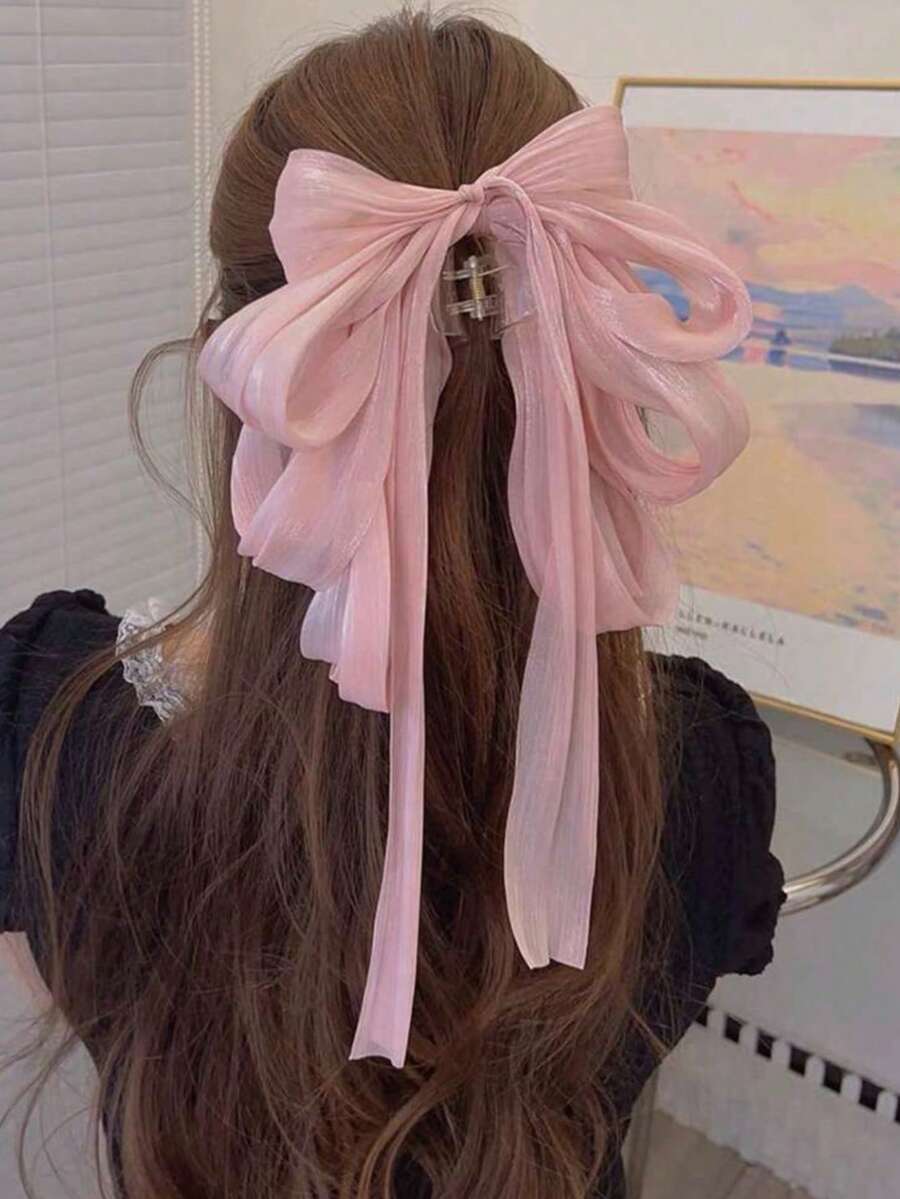 1pc Elegant Fashion Cute Pink Rhinestone Ribbon Bow Hair Claw, Exaggerated Design For Holiday & Vacation Wear, Women - Pink - View 1