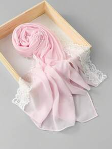 1 pieza Hiyab de unicolor con encaje de contraste para mujer, + Hiyab de viscosa, elegante pañuelo largo de 70x180cm con encaje delicado, pañuelo musulmán ligero y transpirable en múltiples colores, para playa y vacaciones - Gasa con ribete de encaje multicolor - Ver 5