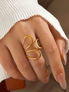 1pc 18K Gold Plated Stainless Steel Geometric Line Openable Ring, Suitable For Women's Daily Wear - Gold - View 2