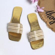 金色蛇纹水晶仿珍珠装饰平底凉鞋，方头系带，宴会及跨境电商女鞋 - 金色 - 查看 15