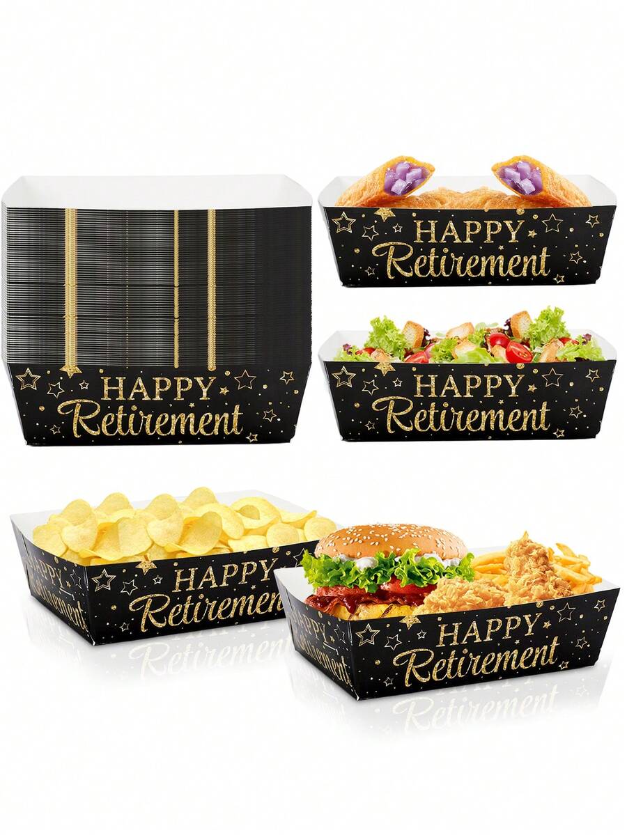 10/30/50pcs "Happy Retirement" Snack Trays - Disposable Food Containers, Retirement Themed Paper Plates, Popcorn Trays; Suitable For Farewell Party Decorations And Sendoff Event Serving Platters - Multicolor - View 1