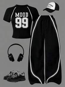 少女数字印花插肩短袖T恤和裤子休闲套装 - 黑色 - 查看 1