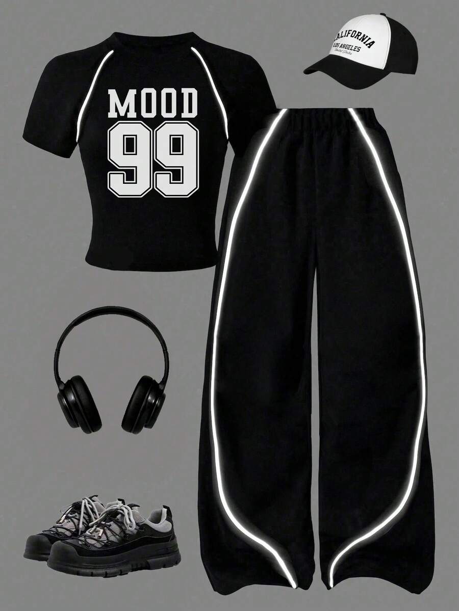 少女数字印花插肩短袖T恤和裤子休闲套装 - 黑色 - 查看 1