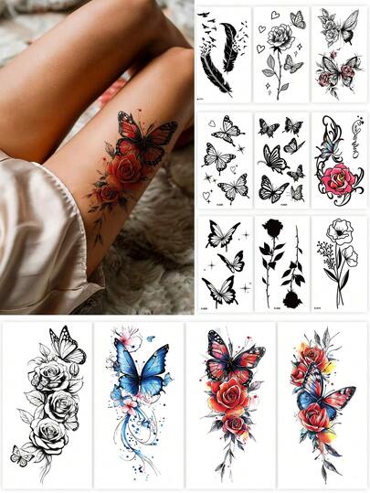 Bộ 13 miếng dán hình xăm tạm thời nhiều màu sắc, họa tiết hoa đen, bướm, lông vũ, hoa hồng, hình xăm giả họa tiết dây hoa đen gợi cảm, chống thấm nước, chống mồ hôi, chống trầy xước, dễ sử dụng, phù hợp cho phụ nữ đeo trong các bữa tiệc, tụ họp và sử dụng hàng ngày, có thể dán lên bụng, đùi, xương quai xanh, lưng và các vùng khác, hình xăm tạm thời, hoàn hảo cho Ngày Valentine, lễ hội âm nhạc, Ngày của Mẹ.