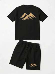 GRDR Men's Printed Round Neck Short Sleeve T-Shirt And Drawstring Shorts Casual Set - Black - View 3