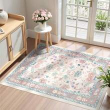 Deerly - Alfombra floral rosa para entrada 2 x 3 pulgadas lavable pequeña clásico bohemio antideslizante suave de pelo bajo fina para interiores para cocina entrada granja rosa claro/azul - azul rosado Rosa/Azul/Multicolor - Ver 1