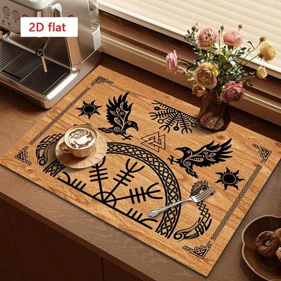 1pc Dish Drying Mat, Coffee Machine Mat, Viking Style Black Pattern Wood Grain Background Design, Highly Absorbent, Suitable For Dining Table And Cafe Use, Multipurpose Drainage Mat, Home Gift, Desktop Decor