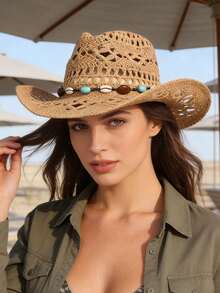 1pc Unisex Spring Summer All Season Solid Color Hollow Out Handmade Woven Straw Panama Hat, Fashionable Beaded Hat Chain Decor Western Cowboy Hat, Vintage Personalized British Style, Straw Hat, Summer Outdoor Breathable Comfortable Sun Hat, Travel Vacation Beach Hat, Daily Outing - Straw Hat - View 12
