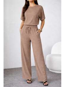 Camiseta de cuello redondo y mangas estilo murciélago y pantalones con cordón en la cintura, ideal para otoño - verano- invierno, comodo, tiro alto, bonito, comodo, casual, informal, oficina, calle, regalo, - Granate - Ver 5