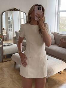 Đầm chữ A tay cánh hoa cổ tròn cạp cao dành cho nữ, màu đen thanh lịch, đầm dạ hội mùa hè. - Màu be - Xem 3