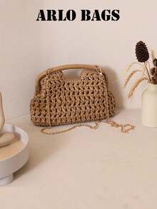Bolso de paja tejido con diseño de moda, bolso de hombro con cadena estilo artístico de bosque de moda de nicho para mujer, bolso bandolera versátil y casual, adecuado para salidas, citas, compras, regalos, ir al trabajo y otras ocasiones. - Café - Ver 6