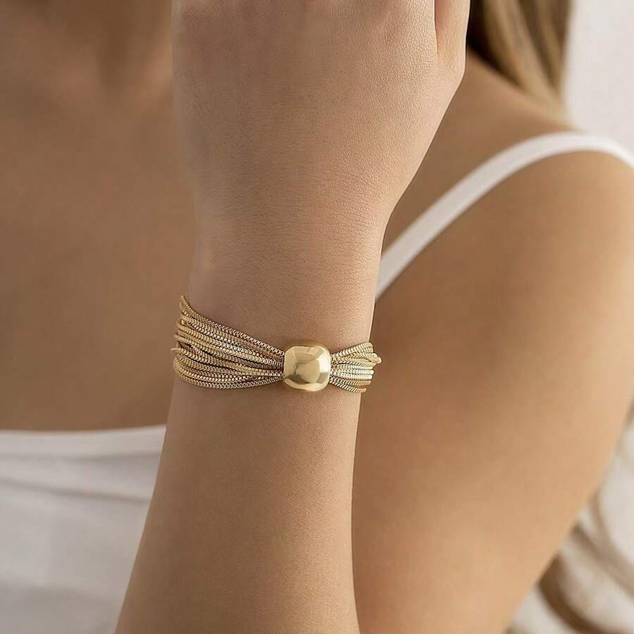 1pc New Exaggerated Punk Style Multi-Layer Chain & Ball Decor Bracelet, Versatile Tassel Chain Bracelet For Women, Suitable For Street, Party, Daily Wear - Yellow Gold - View 1