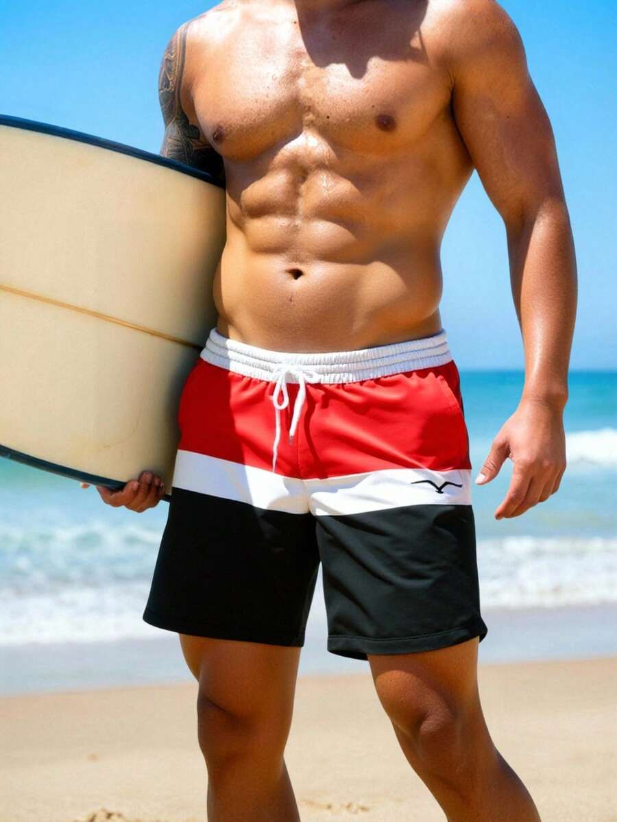 Pantalones cortos de playa con estampado artístico de gaviota y bloques de color en talla grande para hombres, adecuados para la playa, vacaciones y uso diario - Rojo - Ver 1