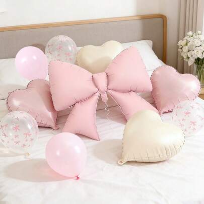 10pcs Large Pink Bow-Shaped Foil Balloons, 18-Inch Heart-Shaped Foil Balloon Set, 12-Inch Bow-Shaped Latex Balloons, Suitable For Wedding, Engagement, Anniversary, Princess Theme Party, Surprise Party, Birthday Party Decoration