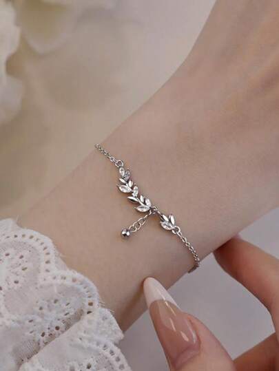 1pc S925 Sterling Silver Minimalist Nature-Inspired Delicate Zirconia Inlaid Branch & Leaf Design Bracelet, Suitable For Women's Daily Wear, Gift