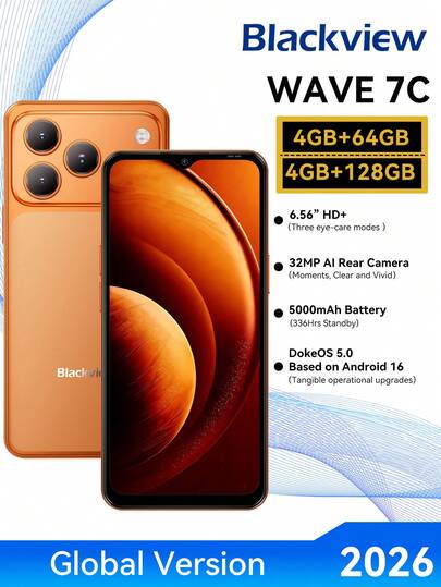 Blackview WAVE 7C 无锁智能手机，Android 16 系统，5000mAh 电池，13MP+32MP 侧边快捷键，八核处理器（4+8 核扩展），GB+64GB/128GB/1TB SD 存储，6.56 英寸高清+显示屏，3 个卡槽，4G 双卡双待手机（不含适配器）