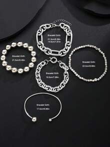 5pcs Vintage Exaggerated Minimalist Coin Design Layered Chunky Chain Beaded Bracelet Set, Suitable For Dating, Vacation, Daily Wear, Party, Holiday Gift For Women - Silver - View 2