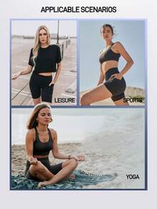 Spring/Summer Women's Solid Color Sports Shorts With Pockets, Elastic Compression Tight FitBermuda Shorts For Fitness, Pilates, Yoga, Outdoor Running, Cycling - Black - View 7