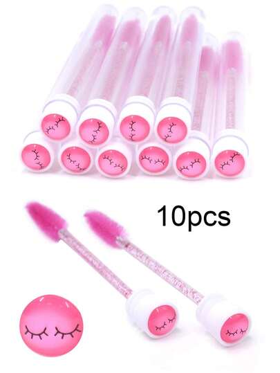 10pcs Bright Pink Glitter Eyelash Brushes, With Dust Cover, Reusable, Sparkling Mascara Wands, Transparent Storage Box, Also Can Be Used As Eyebrow, Eyeshadow, Spiral Brushes