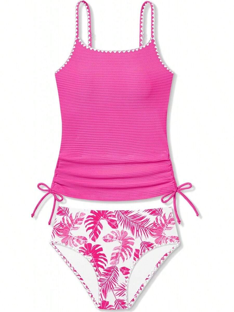 Conjunto de tankini de 2 piezas para niñas con parte superior con cordón y calzoncillos de natación, traje de baño único con borde para 9-16 años - Rosa - Ver 1