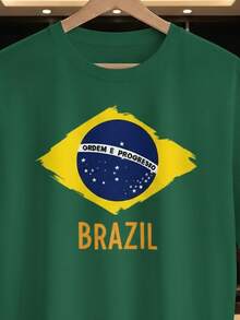 Unisex T-Shirt Supporting The Brazilian National Football Team - Order And Progress World Cup - Short Sleeve - Men's And Women's - 100% Cotton, Casual, Crew Neck - 綠色 - 查看 2