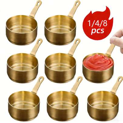 1/4/8pcs Stainless Steel Gold-Tone Condiment Bowls With Handles, Reusable, Matte Metal Surface, 304 Stainless Steel Construction, Small Seasoning Containers For Ketchup, Condiments, Soy Sauce, Vinegar, Butter, Commercial Grade, Suitable For Restaurants, Parties And Other Occasions