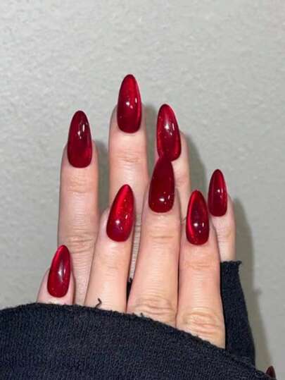 Bộ 24 móng tay giả kiểu mắt mèo màu đỏ pha lê phong cách Y2K, móng giả acrylic dài hình hạnh nhân màu đỏ, bao gồm 1 gel dán và 1 dũa móng, phù hợp cho phụ nữ và bé gái sử dụng hàng ngày, phụ kiện làm móng cho các bữa tiệc rave.